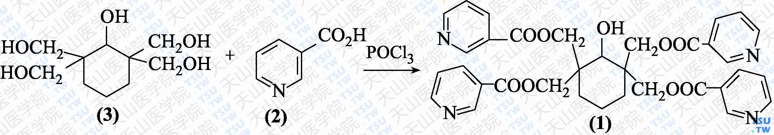 2，2，6，6-四尼克酰氧甲基环己醇（分子式：C<sub>34</sub>H<sub>32</sub>N<sub>4</sub>O<sub>9</sub>）的合成方法路线及其结构式