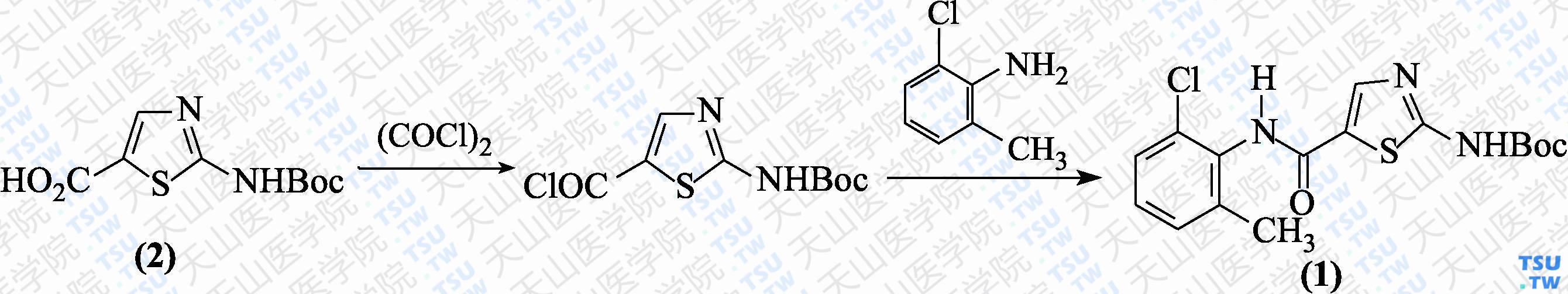 <i>N</i>-（2-氯-6-甲基苯基）-2-新戊酰氨基噻唑-5-甲酰胺（分子式：C<sub>16</sub>H<sub>18</sub>ClN<sub>3</sub>O<sub>3</sub>S）的合成方法路线及其结构式