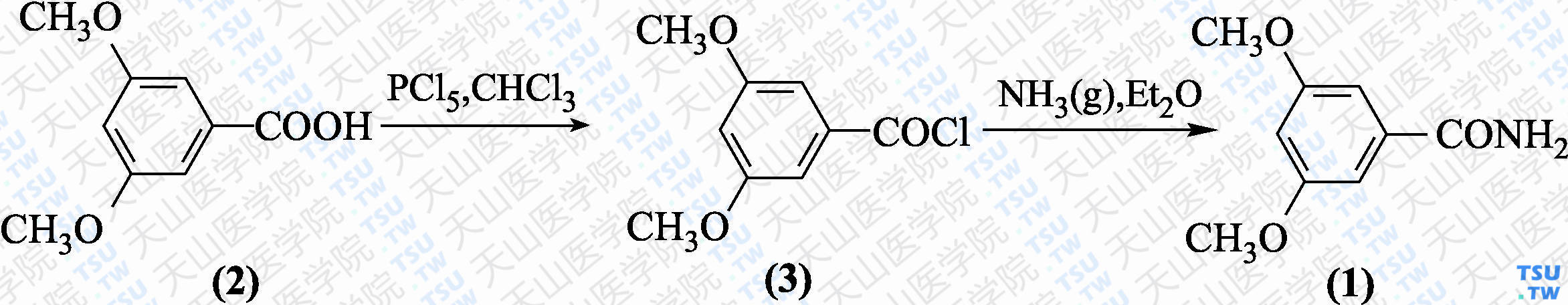 3，5-二甲氧基苯甲酰胺（分子式：C<sub>9</sub>H<sub>11</sub>NO<sub>3</sub>）的合成方法路线及其结构式