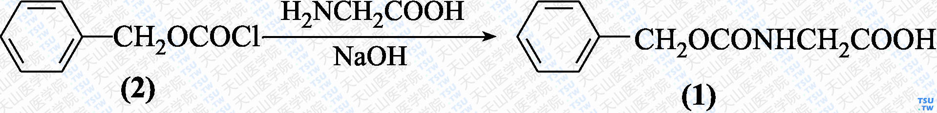 <i>N</i>-苄氧羰基甘氨酸（分子式：C<sub>10</sub>H<sub>11</sub>NO<sub>4</sub>）的合成方法路线及其结构式