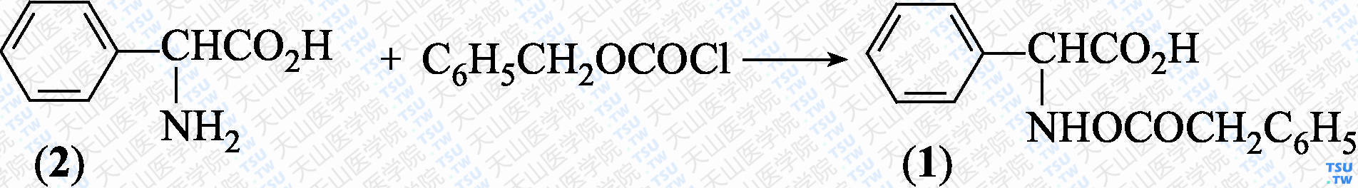 <i>N</i>-苄氧羰氨基-L-苯甘氨酸（分子式：C<sub>16</sub>H<sub>15</sub>NO<sub>4</sub>）的合成方法路线及其结构式