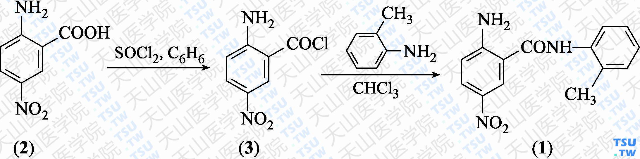 <i>N</i>-（2-氨基-5-硝基苯甲酰基）邻甲苯胺（分子式：C<sub>14</sub>H<sub>13</sub>N<sub>3</sub>O<sub>3</sub>）的合成方法路线及其结构式