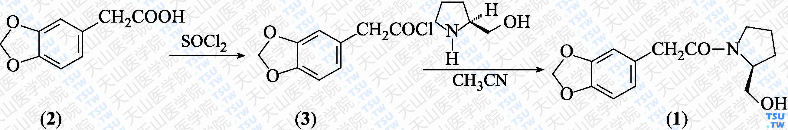 <i>N</i>-（3，4-亚甲基二氧基苯基乙酰基）-L-脯氨醇（分子式：C<sub>14</sub>H<sub>17</sub>NO<sub>4</sub>）的合成方法路线及其结构式