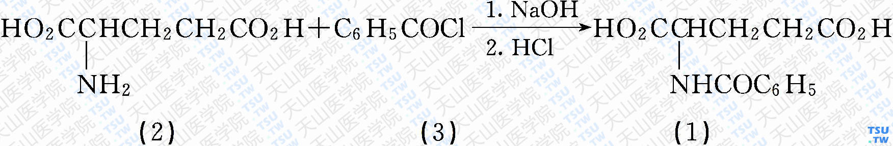 <i>N</i>-苯甲酰基谷氨酸（分子式：C<sub>12</sub>H<sub>13</sub>NO<sub>5</sub>）的合成方法路线及其结构式