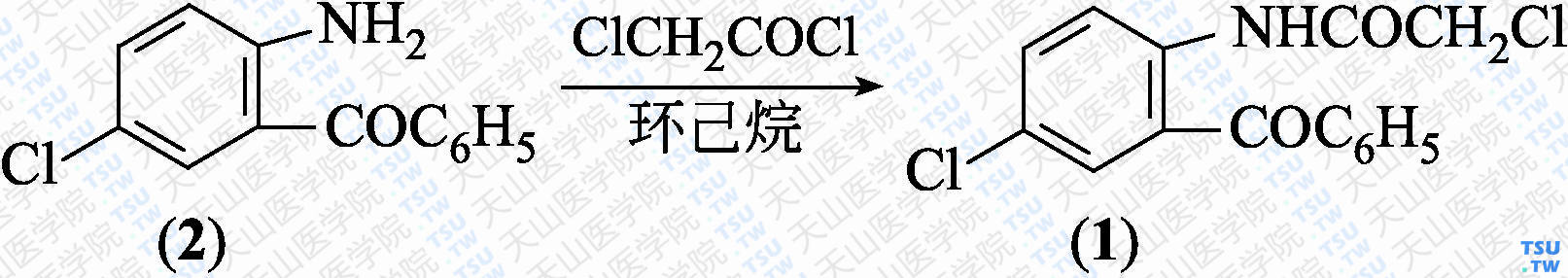 2-氯乙酰氨基-5-氯二苯酮（分子式：C<sub>15</sub>H<sub>11</sub>Cl<sub>2</sub>NO<sub>2</sub>）的合成方法路线及其结构式