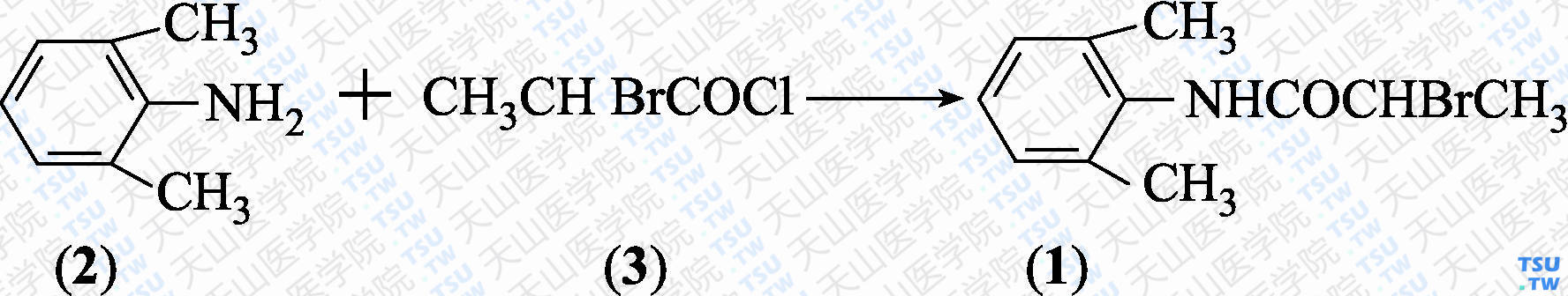 2-溴-<i>N</i>-（2，6-二甲苯基）丙酰胺（分子式：C<sub>11</sub>H<sub>14</sub>BrNO）的合成方法路线及其结构式