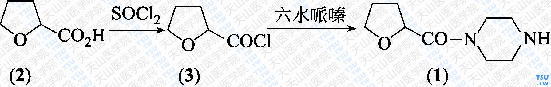 <i>N</i>-（2-四氢呋喃甲酰基）哌嗪（分子式：C<sub>9</sub>H<sub>16</sub>N<sub>2</sub>O<sub>2</sub>）的合成方法路线及其结构式