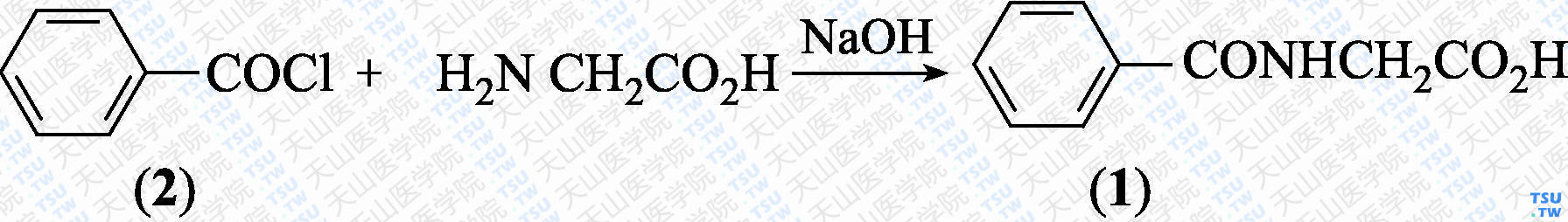 马尿酸（分子式：C<sub>9</sub>H<sub>9</sub>NO<sub>3</sub>）的合成方法路线及其结构式