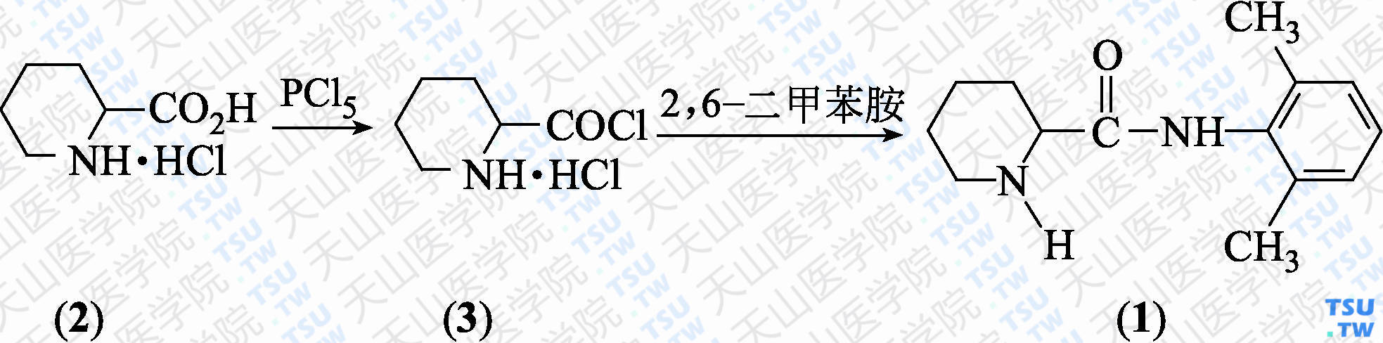 <i>N</i>-（2，6-二甲苯基）-2-哌啶甲酰胺（分子式：C<sub>14</sub>H<sub>20</sub>N<sub>2</sub>O）的合成方法路线及其结构式