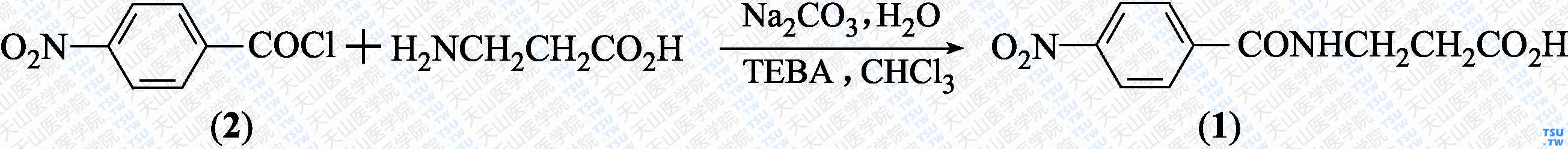 3-对硝基苯甲酰氨基丙酸（分子式：C<sub>10</sub>H<sub>10</sub>N<sub>2</sub>O<sub>5</sub>）的合成方法路线及其结构式