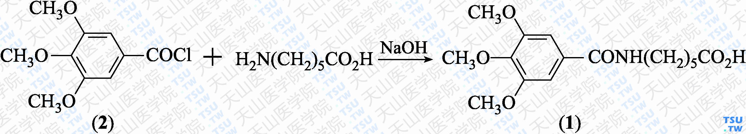 <i>ε</i>-3，4，5-三甲氧基苯甲酰氨基己酸（分子式：C<sub>16</sub>H<sub>23</sub>NO<sub>6</sub>）的合成方法路线及其结构式