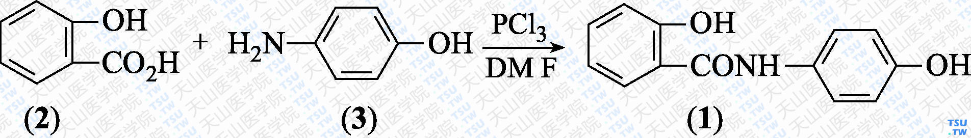 <i>N</i>-对羟基苯基水杨酰胺（分子式：C<sub>13</sub>H<sub>11</sub>NO<sub>3</sub>）的合成方法路线及其结构式