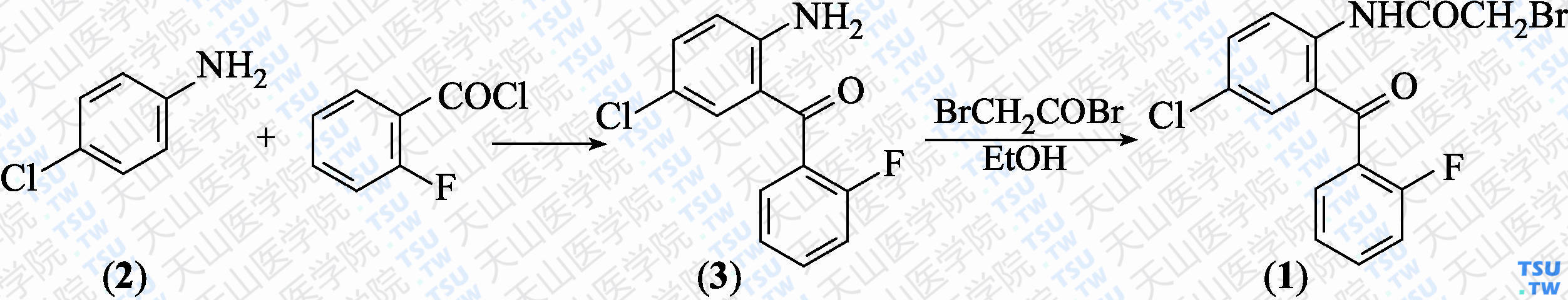 2-（2-溴乙酰氨基）-5-氯-2'-氟二苯酮（分子式：C<sub>15</sub>H<sub>10</sub>BrClFNO<sub>2</sub>）的合成方法路线及其结构式