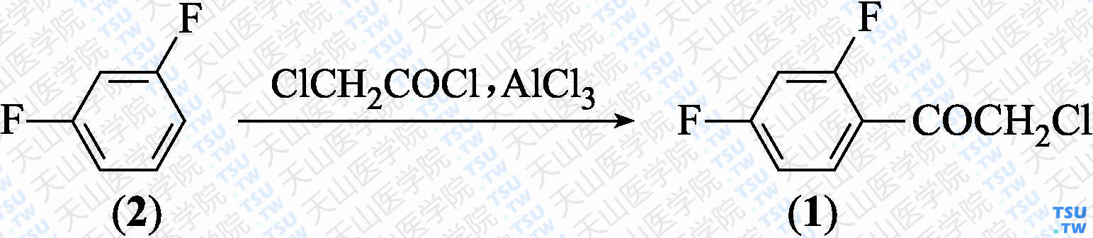 <i>α</i>-氯代-2，4-二氟苯乙酮（分子式：C<sub>8</sub>H<sub>5</sub>ClF<sub>2</sub>O）的合成方法路线及其结构式