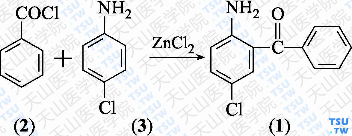 2-氨基-5-氯二苯酮（分子式：C<sub>13</sub>H<sub>10</sub>ClNO）的合成方法路线及其结构式