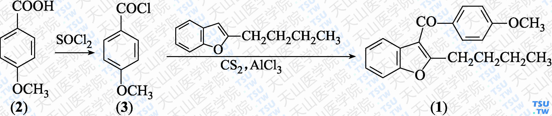 2-丁基-3-（对甲氧基苯甲酰基）苯并呋喃（分子式：C<sub>20</sub>H<sub>20</sub>O<sub>3</sub>）的合成方法路线及其结构式