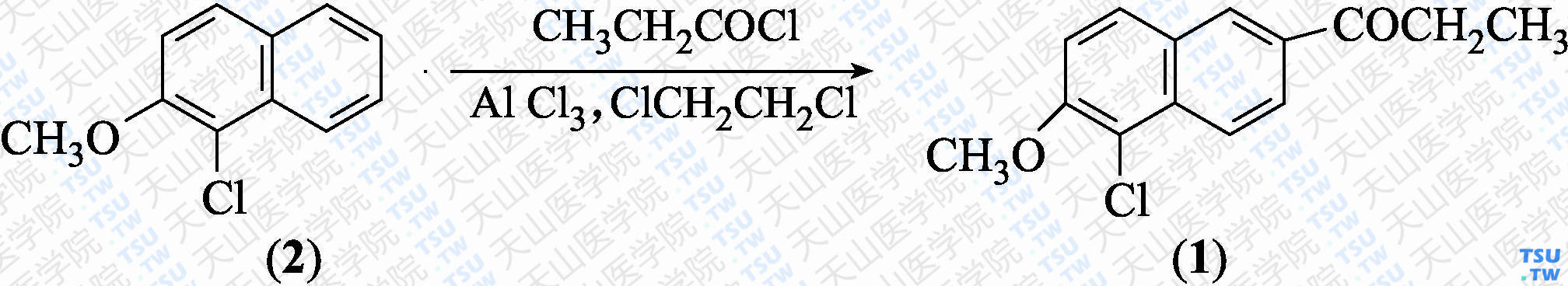 1-（5-氯-6-甲氧基-2-萘基）丙酮（分子式：C<sub>14</sub>H<sub>13</sub>ClO<sub>2</sub>）的合成方法路线及其结构式