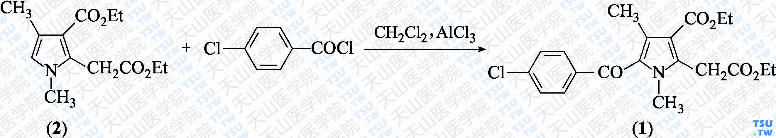 5-（4-氯苯甲酰基）-1，4-二甲基-3-乙氧羰基吡咯-2-乙酸乙酯（分子式：C<sub>20</sub>H<sub>22</sub> ClNO<sub>5</sub>）的合成方法路线及其结构式