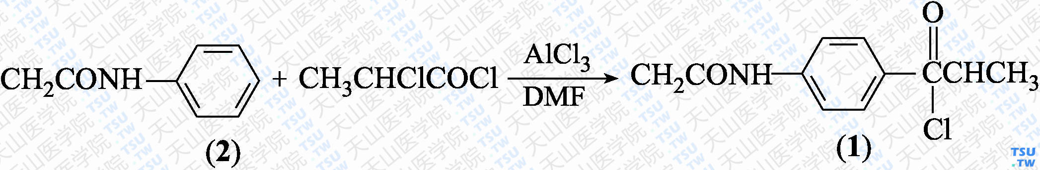1-对乙酰氨基苯基-2-氯-1-丙酮（分子式：C<sub>11</sub>H<sub>12</sub>ClNO<sub>2</sub>）的合成方法路线及其结构式