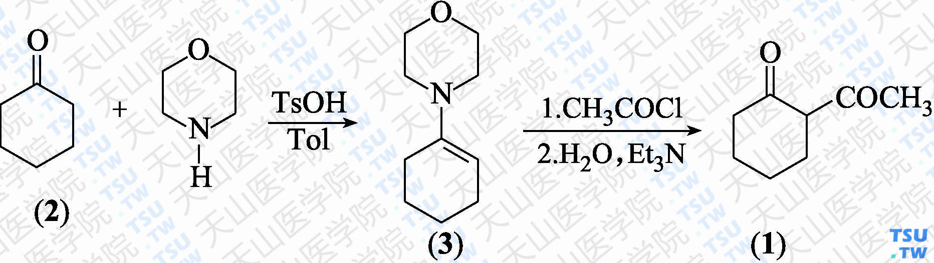 2-乙酰基环己酮（分子式：C<sub>8</sub>H<sub>12</sub>O<sub>2</sub>）的合成方法路线及其结构式