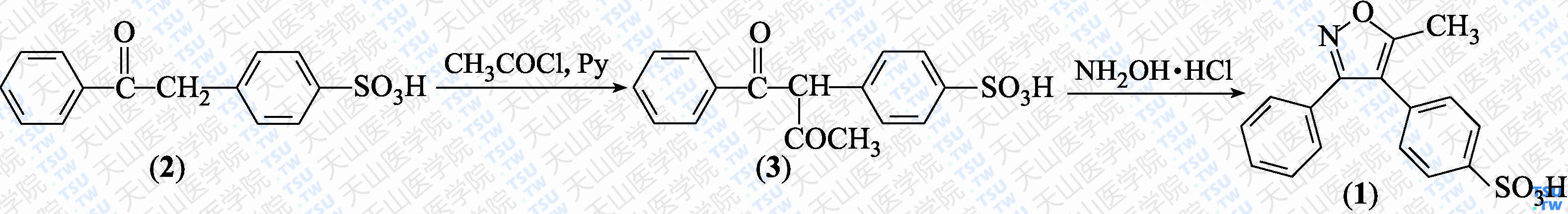 4-（5-甲基-3-苯基异噁唑-4-基）苯磺酸（分子式：C<sub>16</sub>H<sub>13</sub>NO<sub>4</sub>S）的合成方法路线及其结构式