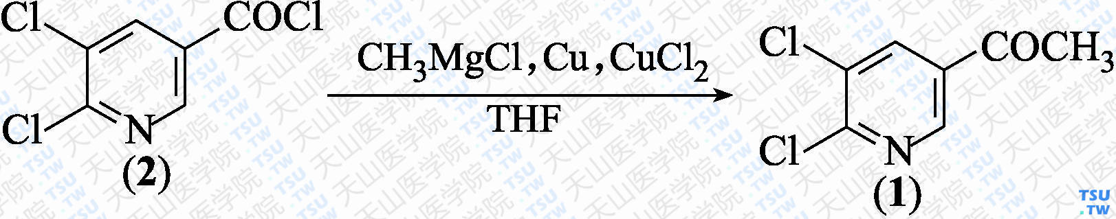 2，3-二氯-5-乙酰基吡啶（分子式：C<sub>7</sub>H<sub>5</sub>Cl<sub>2</sub>NO）的合成方法路线及其结构式