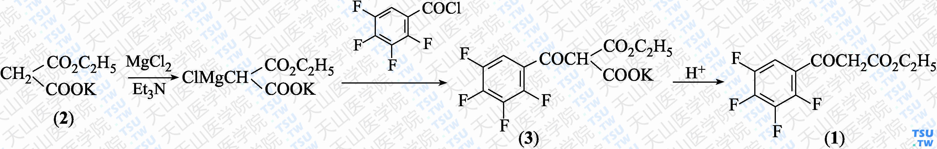3-氧代-3-（2，3，4，5-四氟苯基）丙酸乙酯（分子式：C<sub>11</sub>H<sub>8</sub>F<sub>4</sub>O<sub>3</sub>）的合成方法路线及其结构式