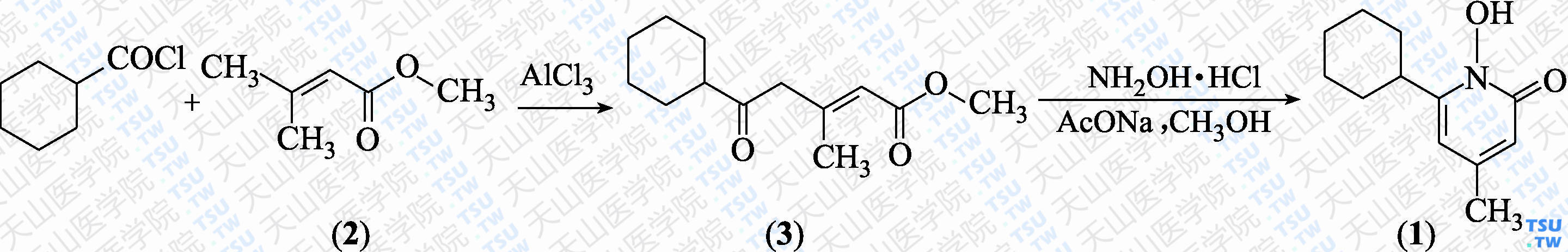 4-甲基-6-环己基-1-羟基-2（1<i>H</i>）-吡啶酮（分子式：C<sub>12</sub>H<sub>17</sub>NO<sub>2</sub>）的合成方法路线及其结构式