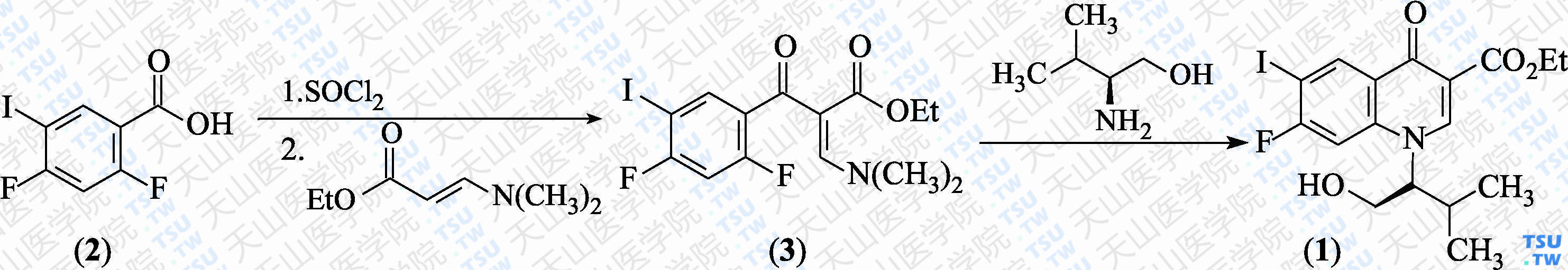 7-氟-1-[（<i>S</i>）-1-羟基-3-甲基丁-2-基]-6-碘-4-氧代-1，4-二氢喹啉-3-甲酸乙酯（分子式：C<sub>17</sub>H<sub>19</sub>FINO<sub>4</sub>）的合成方法路线及其结构式