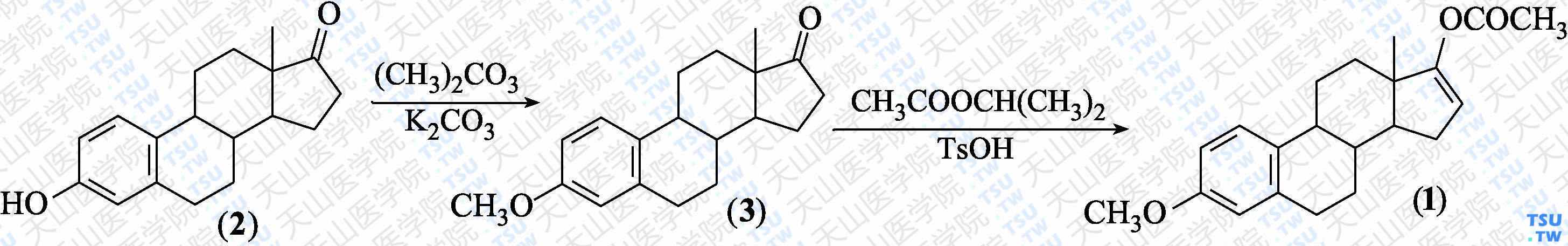 3-甲氧基-1，3，5（10），16-四烯雌烷-17-醇乙酸酯（分子式：C<sub>21</sub>H<sub>26</sub>O<sub>3</sub>）的合成方法路线及其结构式