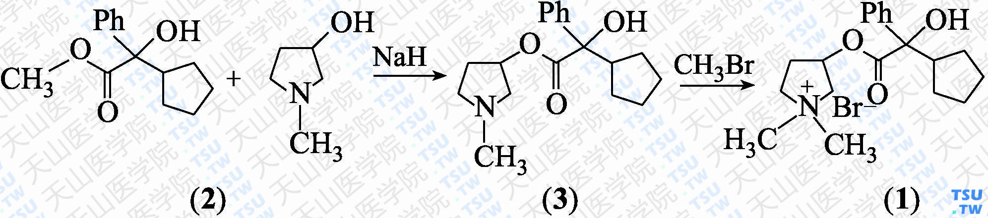 格隆溴铵（分子式：C<sub>19</sub>H<sub>28</sub>BrNO<sub>3</sub>）的合成方法路线及其结构式