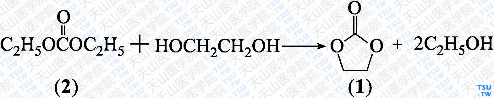 碳酸乙二醇酯（分子式：C<sub>3</sub>H<sub>4</sub>O<sub>3</sub>）的合成方法路线及其结构式
