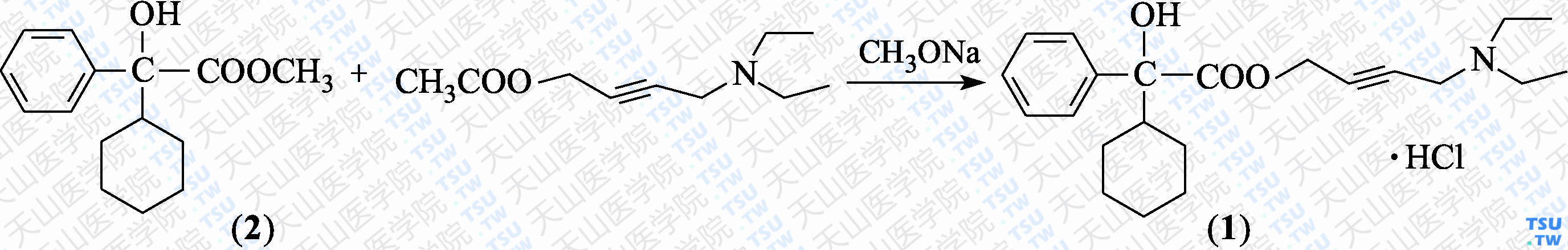 盐酸奥西布宁（分子式：C<sub>22</sub>H<sub>31</sub>NO<sub>3</sub>）的合成方法路线及其结构式