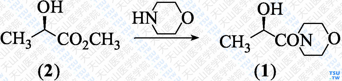 4-[（<i>R</i>）-2-羟基丙酰基]吗啉（分子式：C<sub>7</sub>H<sub>13</sub>NO<sub>3</sub>）的合成方法路线及其结构式