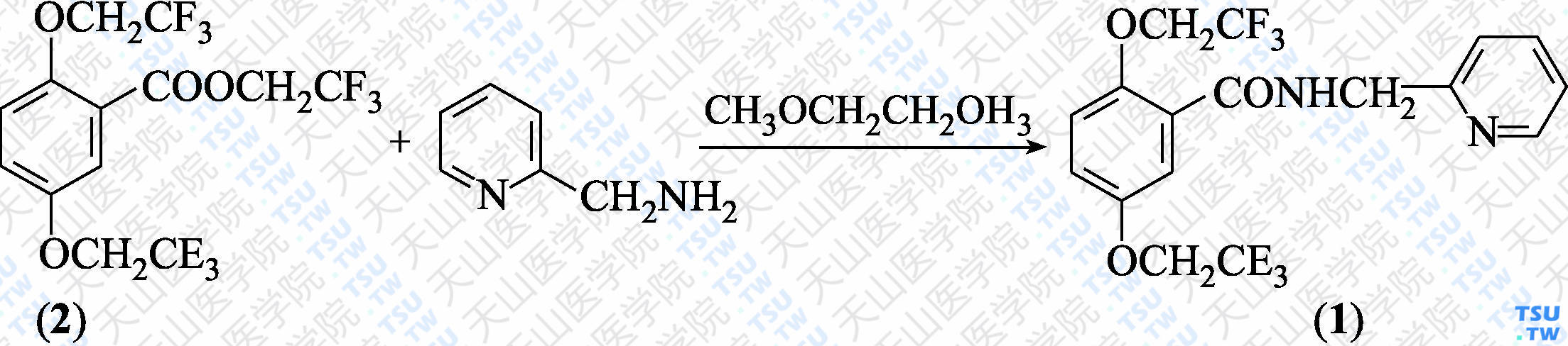 <i>N</i>-（<i>α</i>-吡啶甲基）-2，5-双（2，2，2-三氟乙氧基）苯甲酰胺（分子式：C<sub>17</sub>H<sub>14</sub>F<sub>6</sub>N<sub>2</sub>O<sub>3</sub>）的合成方法路线及其结构式