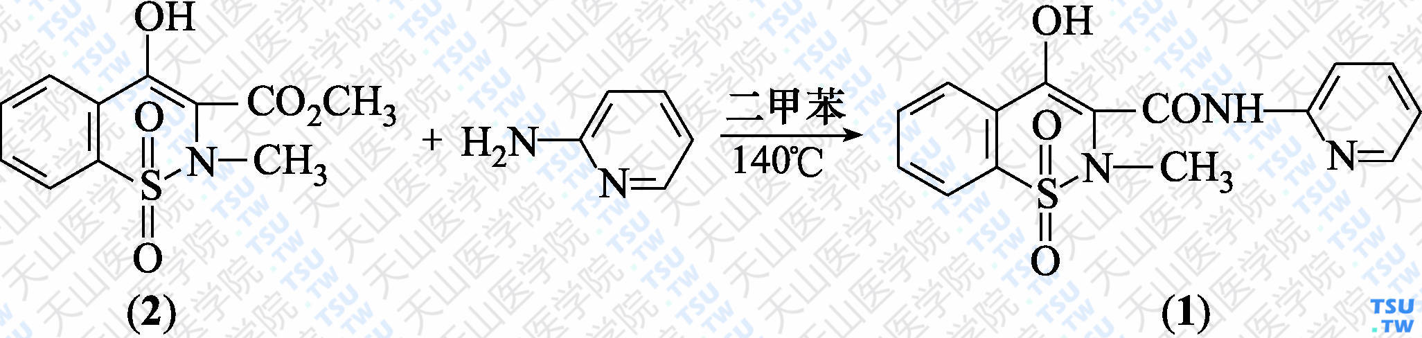 吡罗昔康（分子式：C<sub>15</sub>H<sub>13</sub>N<sub>3</sub>O<sub>4</sub>S）的合成方法路线及其结构式