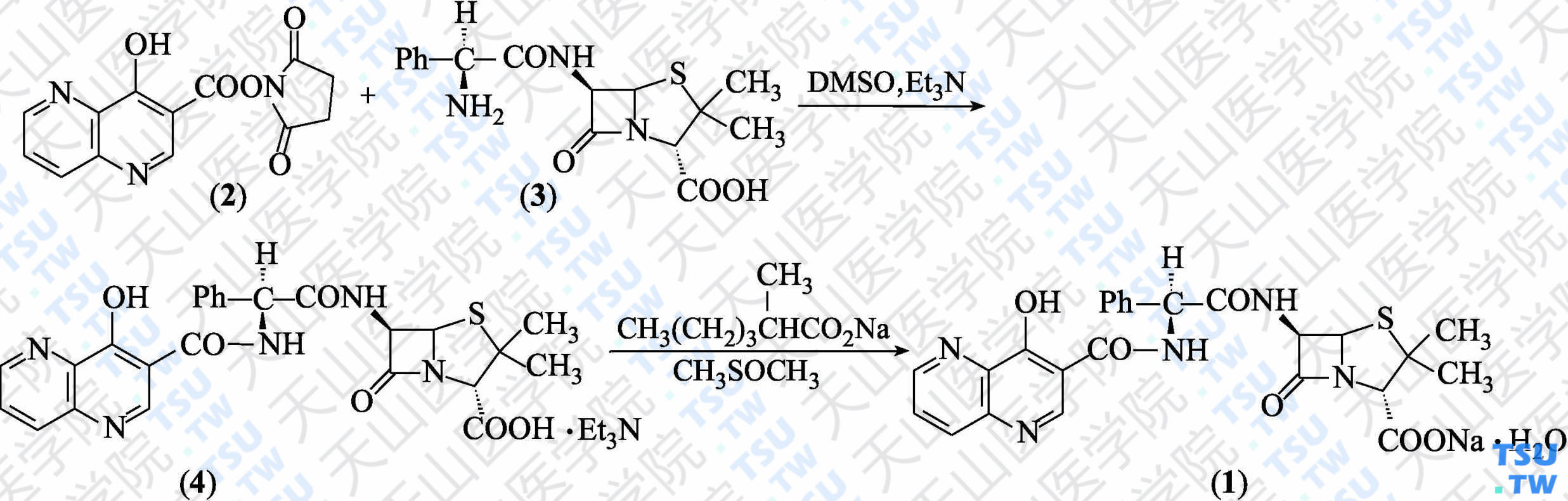 阿帕西林钠（分子式：C<sub>25</sub>H<sub>22</sub>N<sub>5</sub>O<sub>6</sub>SNa·H<sub>2</sub>O）的合成方法路线及其结构式