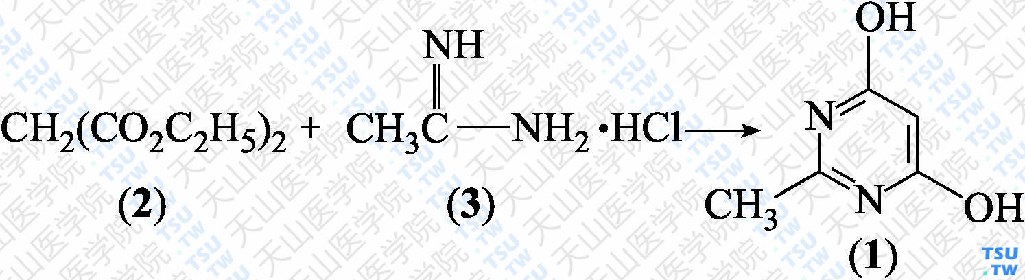 2-甲基-4，6-二羟基嘧啶（分子式：C<sub>5</sub>H<sub>6</sub>N<sub>2</sub>O<sub>2</sub>）的合成方法路线及其结构式