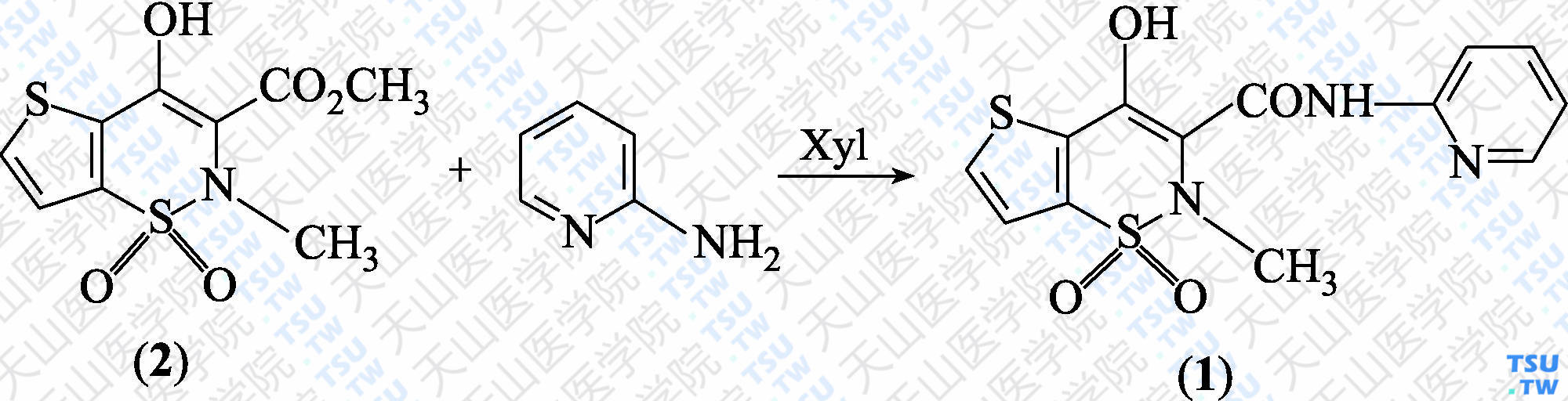 替诺昔康（分子式：C<sub>13</sub>H<sub>11</sub>N<sub>3</sub>O<sub>4</sub>S<sub>2</sub>）的合成方法路线及其结构式