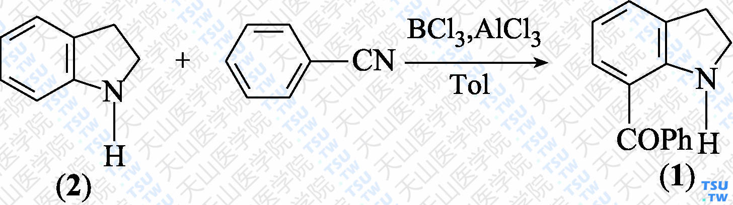 7-苯甲酰基-2，3-二氢吲哚（分子式：C<sub>15</sub>H<sub>13</sub>NO）的合成方法路线及其结构式