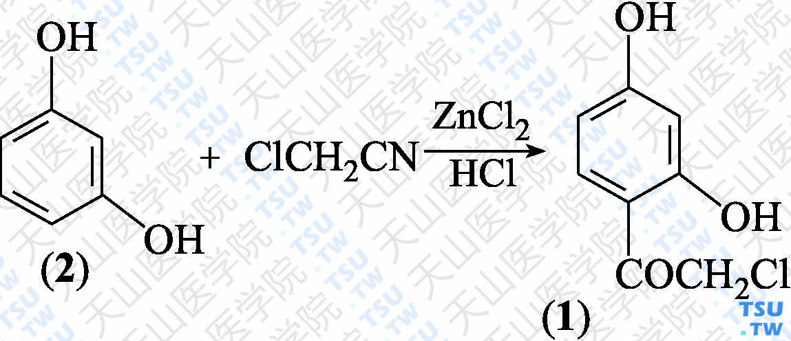 2，4-二羟基-<i>α</i>-氯代苯乙酮（分子式：C<sub>8</sub>H<sub>7</sub>ClO<sub>3</sub>）的合成方法路线及其结构式