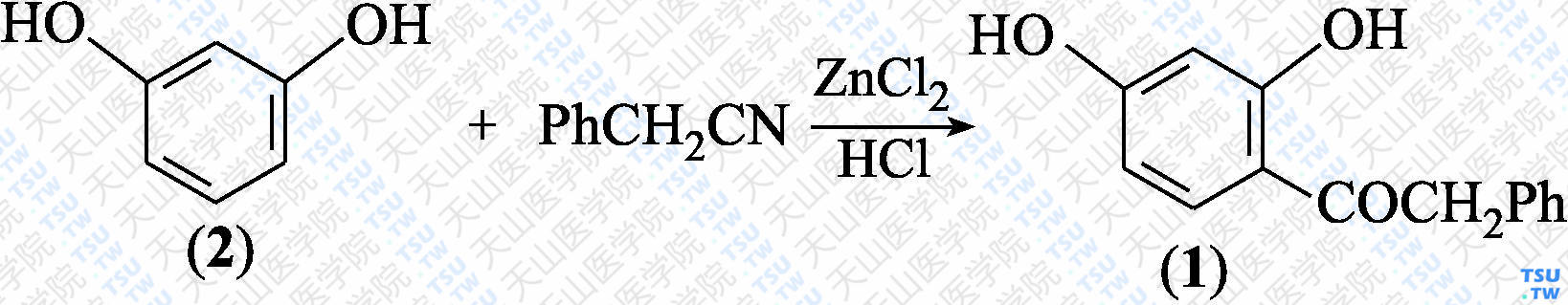 2，4-二羟苯基苄基甲酮（分子式：C<sub>14</sub>H<sub>12</sub>O<sub>3</sub>）的合成方法路线及其结构式