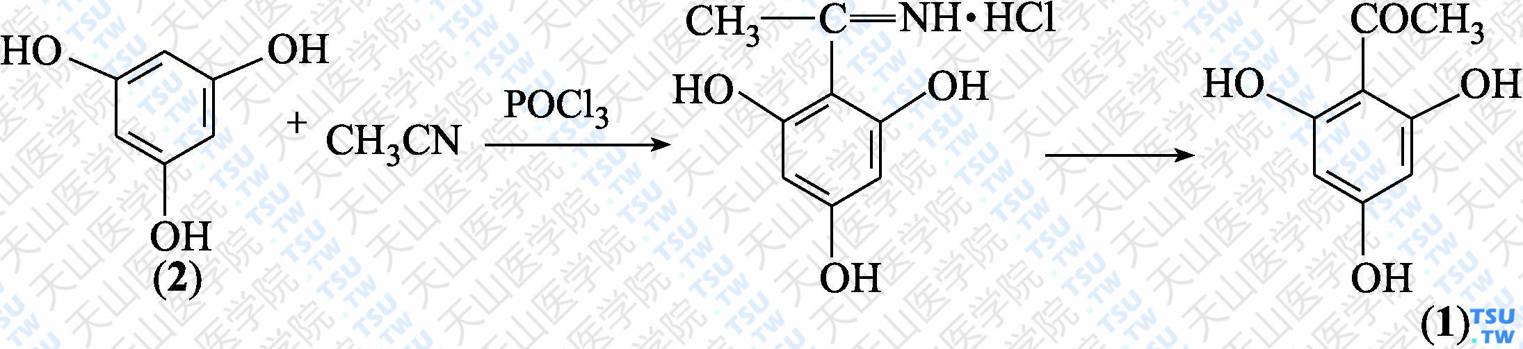 2，4，6-三羟基苯乙酮（分子式：C<sub>8</sub>H<sub>8</sub>O<sub>4</sub>）的合成方法路线及其结构式