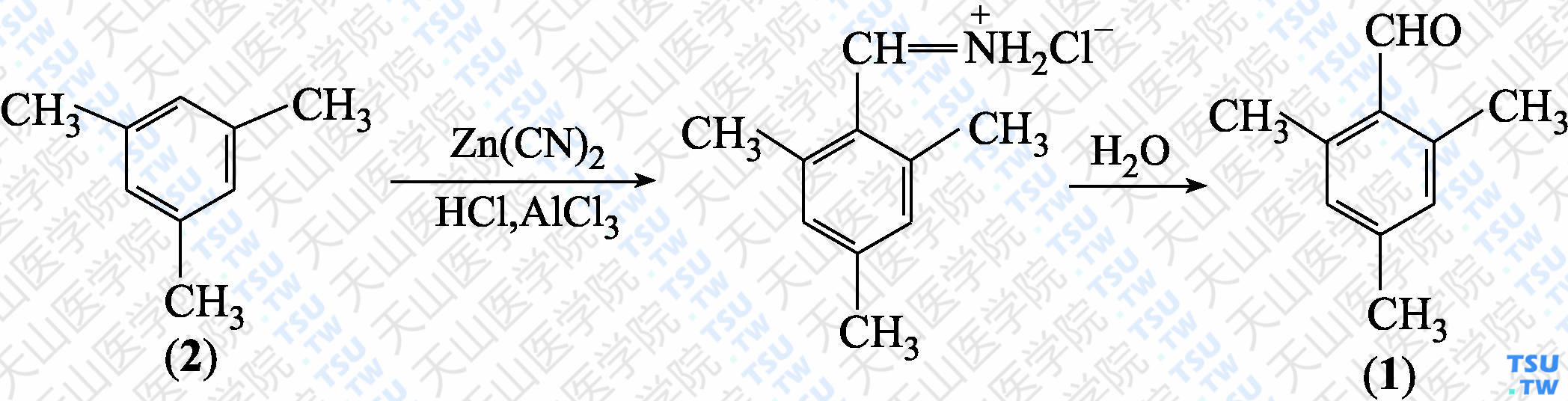2，4，6-三甲基苯甲醛（分子式：C<sub>10</sub>H<sub>12</sub>O）的合成方法路线及其结构式