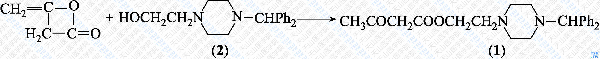 乙酰乙酸2-（4-二苯甲基哌嗪-1-基）乙基酯（分子式：C<sub>23</sub>H<sub>28</sub>N<sub>2</sub>O<sub>3</sub>）的合成方法路线及其结构式