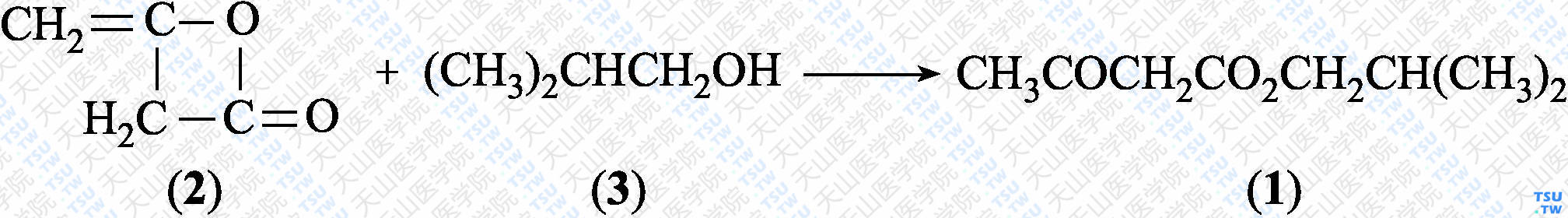 乙酰乙酸异丁酯（分子式：C<sub>8</sub>H<sub>14</sub>O<sub>3</sub>）的合成方法路线及其结构式