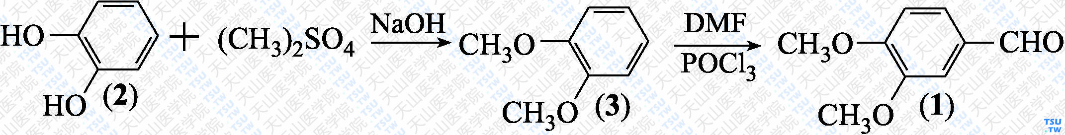 3，4-二甲氧基苯甲醛（分子式：C<sub>9</sub>H<sub>10</sub>O<sub>3</sub>）的合成方法路线及其结构式