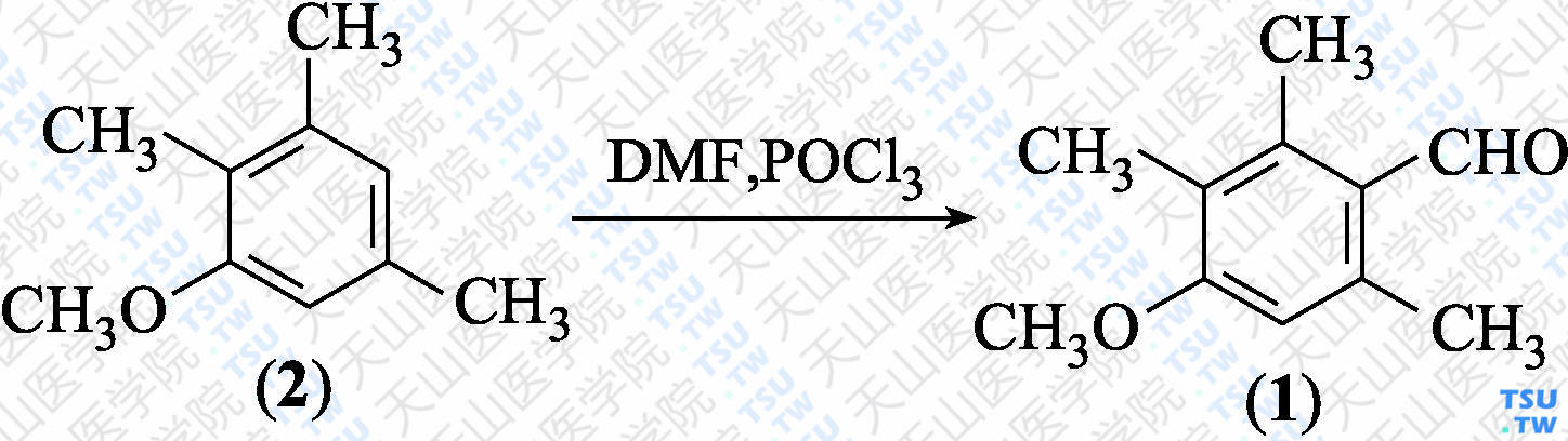 2，3，6-三甲基-4-甲氧基苯甲醛（分子式：C<sub>11</sub>H<sub>14</sub>O<sub>2</sub>）的合成方法路线及其结构式