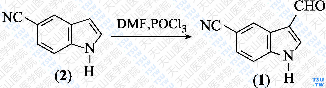 5-氰基-1<i>H</i>-吲哚-3-甲醛（分子式：C<sub>10</sub>H<sub>6</sub>N<sub>2</sub>O）的合成方法路线及其结构式