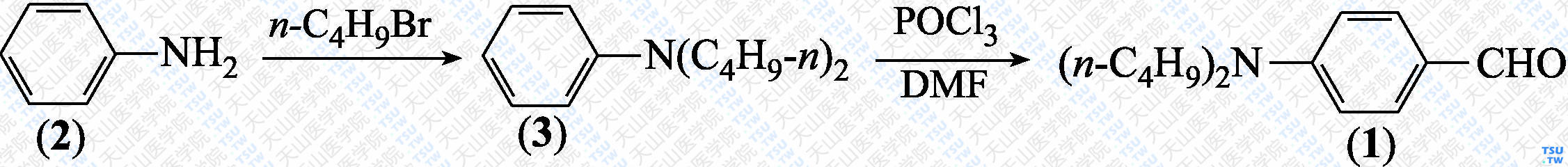 4-<i>N</i>，<i>N</i>-二正丁氨基苯甲醛（分子式：C<sub>15</sub>H<sub>23</sub>NO）的合成方法路线及其结构式